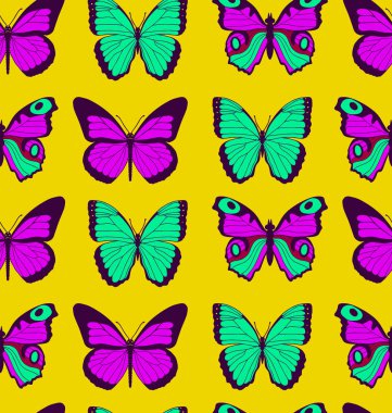 Sarı arka plan üzerinde farklı kelebekler ile renkli düz karikatür vektör sorunsuz desen