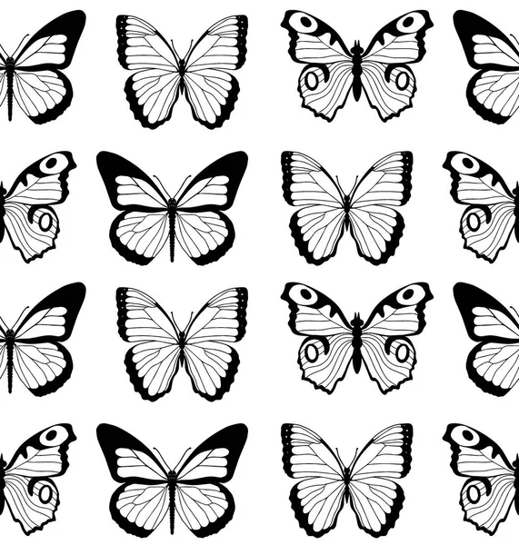 Bianco e nero piatto modello vettoriale fumetto senza soluzione di continuità con diverse farfalle — Vettoriale Stock