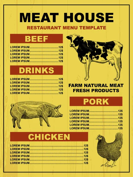 Plantilla de precio de menú de restaurante de casa de carne para platos de carne. Diseño de boceto vectorial con ilustración de vaca, cerdo y gallina . — Vector de stock
