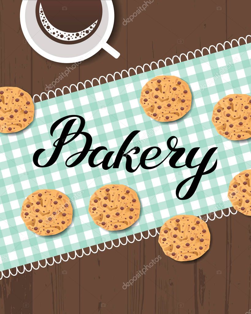 Bakery logo card. Typography hand drawn vector illustration, poster with wooden table with food and drink - cookies baking, checkered napkin and coffee mug. Banner template.