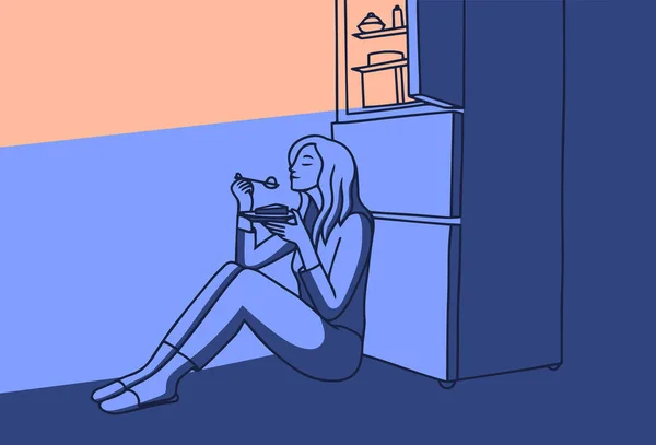 夜の女の子は冷蔵庫からケーキを食べています。闇の夜のキッチンルームで夜の不眠症。漫画風ベクトルイラスト — ストックベクタ