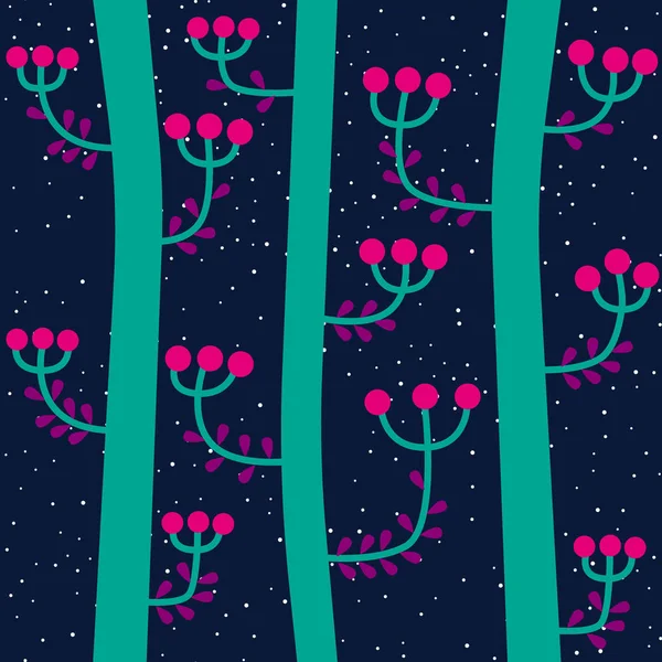 Vektor sömlösa mönster med natt Magic Forest. Vacker upprepad textur med träd, bär, stjärnor. Natt bakgrund, för barnkläder design — Stock vektor