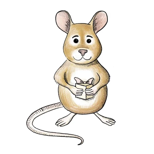 Söt mus med presentförpackning. Handritad råtta, tecknad stil karaktär. 2020 Happy kinesiska nyår semester symbol. Leende personlighet illustration för födelsedagsfirande gratulationskort — Stockfoto