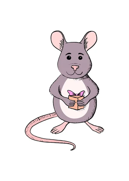 Vecteur mignon dessin animé vue de face rat métallique gris. symbole de nouvelle année 2020 ou souris joyeuse. Illustration esquissée à la main, caractère animal avec boîte cadeau de vacances — Image vectorielle