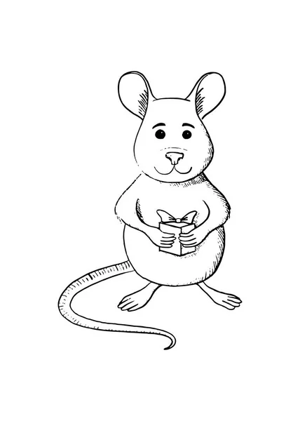 Vecteur mignon dessin animé vue de face rat en métal blanc. symbole de nouvelle année 2020 ou souris joyeuse. Illustration esquissée à la main, caractère animal avec boîte cadeau de vacances — Image vectorielle