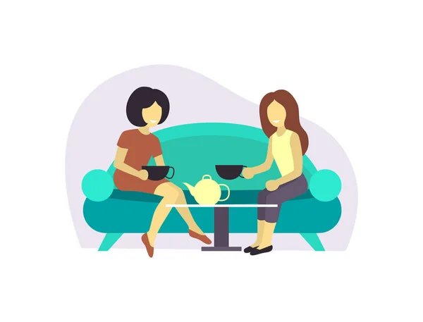 Дві дівчини або пара подруги сидять за столом Напій кави або чаю Госп. Бізнес-леді подруга дружня зустріч і розмова в кафе-столі. Плоский мультфільм Векторні ілюстрації — стоковий вектор