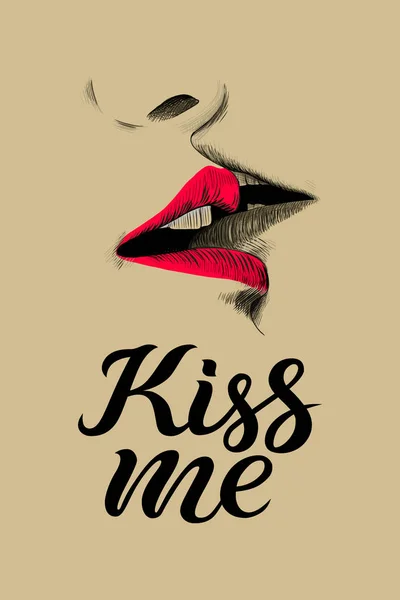 Kiss sketch vector illustration, hand drawn lettering text - kiss me and doodle drawing. Young couple are kissing, open lips and mouth close up. — Stock Vector