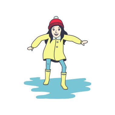 Küçük kız n yağmurluk ve lastik botsu üzerinde atlıyor. Çizgi film tarzında. Beyaz arka planda izole edilmiş. Çocuk, çocuk karakter vektör illüstrasyon.