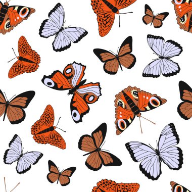Beyaz arka plan üzerinde farklı kelebekler ile renkli düz karikatür vektör sorunsuz desen