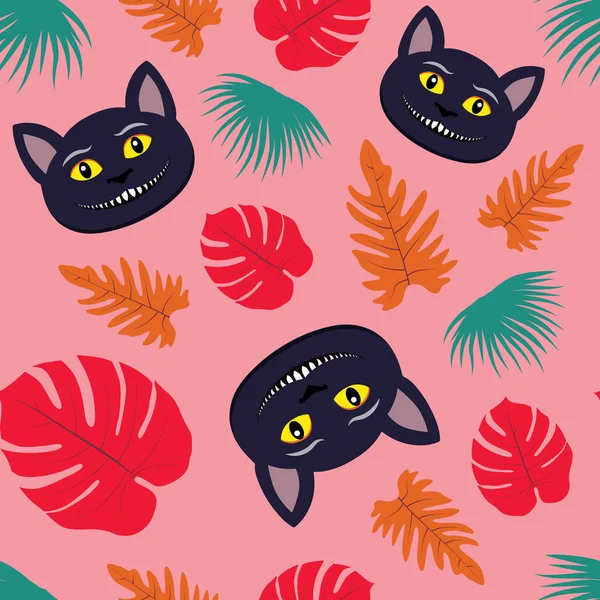 Ilustración vectorial de patrón sin costuras con sonriente gato de Cheshire y hojas tropicales. Cara de personaje animal complicado para la impresión de tela — Vector de stock