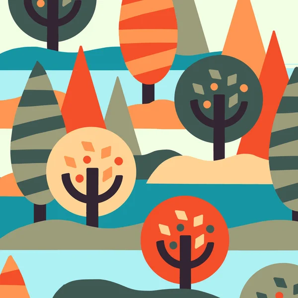 Herbstmuster mit bunten Blättern auf verschiedenen Bäumen, Landschaft mit Fluss im flachen Stil. Vektorillustration, Stoff, Textil, Papierdruck — Stockvektor