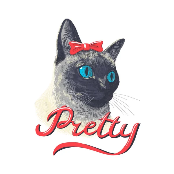 Siamese gato animal bonito rosto com arco vermelho na cabeça e mão desenhado letras Pretty. Vetor engraçado feliz tailandês gatinho cabeça retrato. Perfeito para vestuário, roupas, estampa de camisa — Vetor de Stock