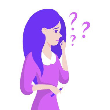 Soru işaretleri olan elbiseli düşünen bir kadın. Düz karikatür modern stil vektör illüstrasyon, web tasarım