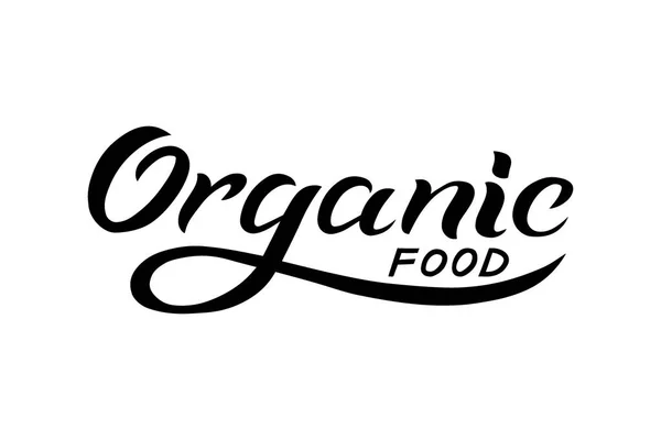 Bio-Lebensmittel - öko-vegetarisches Logo-Design, Vektorvorlage. Ökologie gesunde frische Mahlzeit vom Bauernhof. handgezeichnete Schrift Kalligrafie, Konzept-Ikone — Stockvektor
