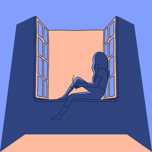 Vektorillustration einer jungen Frau, die nachts bei offenem Fenster raucht. Frau mit Zigarette, allein. flacher Cartoon-Stil — Stockvektor