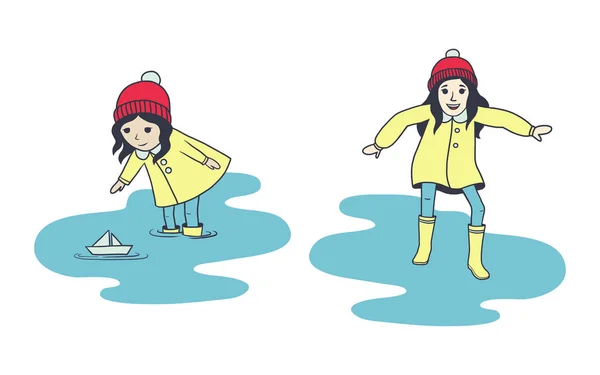 Das kleine Mädchen in Regenmantel und Gummistiefeln startet Papierboot und springt in eine Pfütze. Cartoon-Stil. isoliert auf weißem Hintergrund. Kind, Kind Charakter Vektor Illustration — Stockvektor
