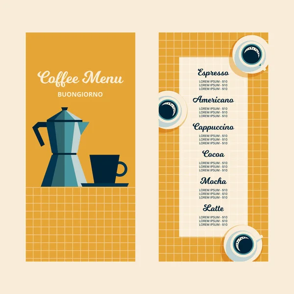 Coffee menu for cafe, vector design template with dark blue cup and white mug and blue coffeepot in flat design style on yellow tablecloth into a cage background. Vector illustration — Stock Vector