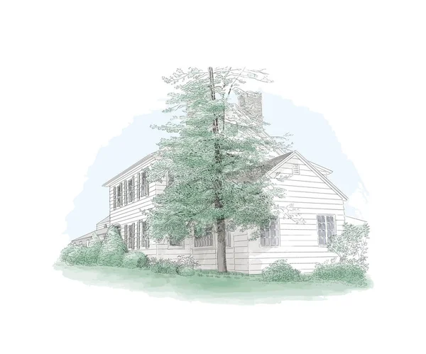 Vektor-Illustration mit stilvollem Herrenhaus, großem Baum davor, Landgut. Historisches Gebäude, elegante Landschaft — Stockvektor