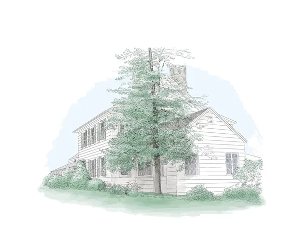 Ilustración vectorial con mansión de estilo, gran árbol frente a ella, finca de campo. Edificio histórico, elegante campo — Vector de stock