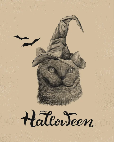 Happy Halloween plakat Drukuj z brytyjskim kotem w kapeluszu czarownicy, bat, na tle zabytkowej strony książki, Halloween Decor — Wektor stockowy