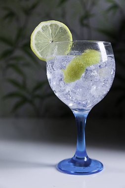 Kristal cam üzerinde cin tonik limon dilimi yaylı arka plan dikey düzlem üzerinde