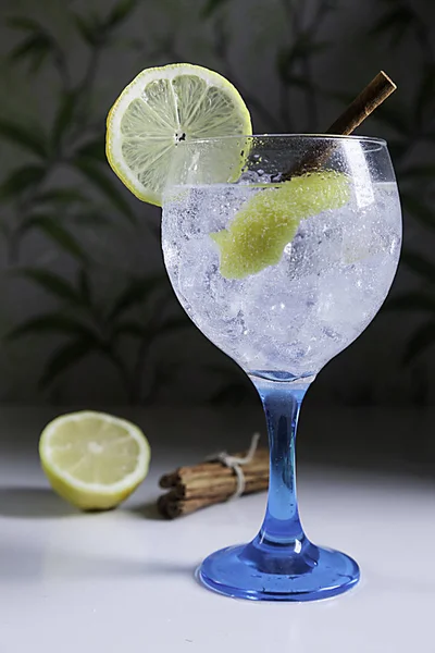 Gin Tonic Cristallo Con Fetta Limone Bastoncini Cannella Fondo Erbaceo — Foto Stock