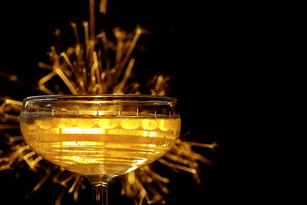 Champagne Glasses Close Lit Sparkler Black Background — Stock Photo, Image