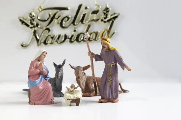 Escena Del Pesebre Navidad Con Figuras Como Jesús María José — Foto de Stock