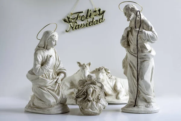 Escena Del Pesebre Navidad Con Figuras Cerámica Incluyendo Jesús María — Foto de Stock