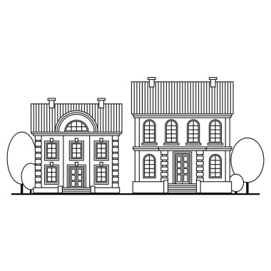 Güzel tek renkli küme evler. Düz stil vektör çizim.