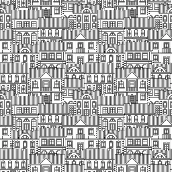 Set Monochrome Houses Flat Style Vector Seamless Pattern — Stock Vector