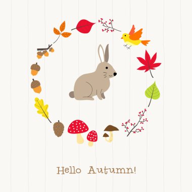 tavşan kart, sevimli sonbahar çerçeve tebrik kartı, Merhaba sonbahar