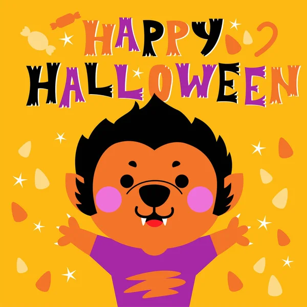 Feliz tarjeta de felicitación de Halloween con carácter lindo — Vector de stock