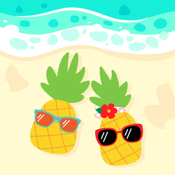 Pineapples Sunglasses Beach Cartoon Illustration — Stock Vector