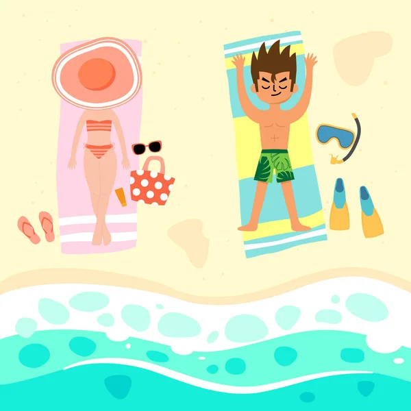 Boy Girl Sunbathing Beach Cartoon Illustration — Stock Vector