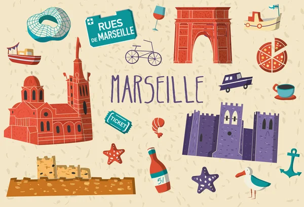 Kreskówki Stylu Francji Marsylii Zwiedzanie Wektor Plakat Wakacje Południowej Pocztówka — Wektor stockowy