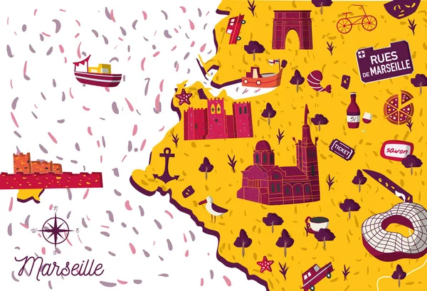 Jasny Kreskówka Mapa Wektor Zwiedzanie Francja Marsylia Stylu Lato Wakacje — Wektor stockowy