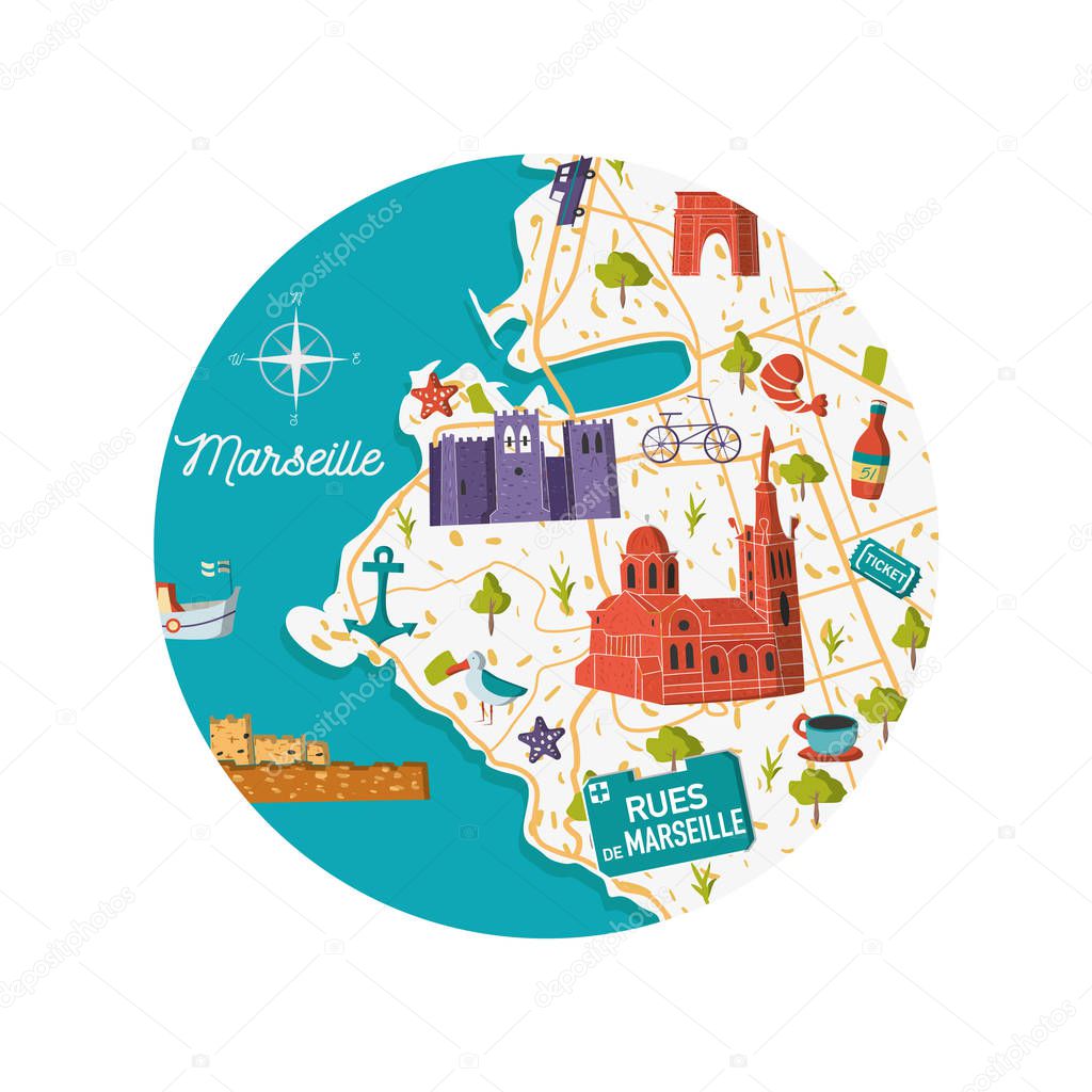 France Marseille vector city map illustration. Cartoon sightseeing and monuments south summer card concep