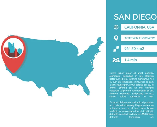 San Diego mapa infografía vector ilustración — Vector de stock