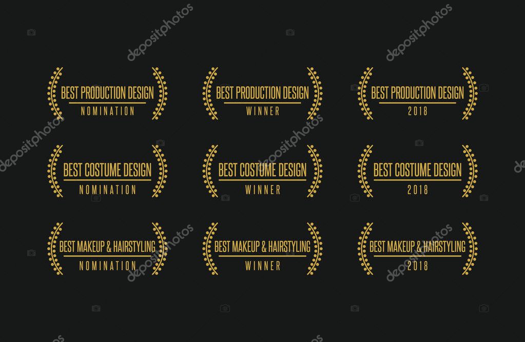 Movie award best design production costume makeup hairstyling nomination winner vector icon logo set