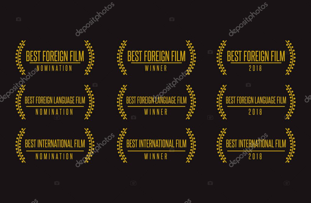 Movie award best foreign language film international nomination winner black gold vector icon set