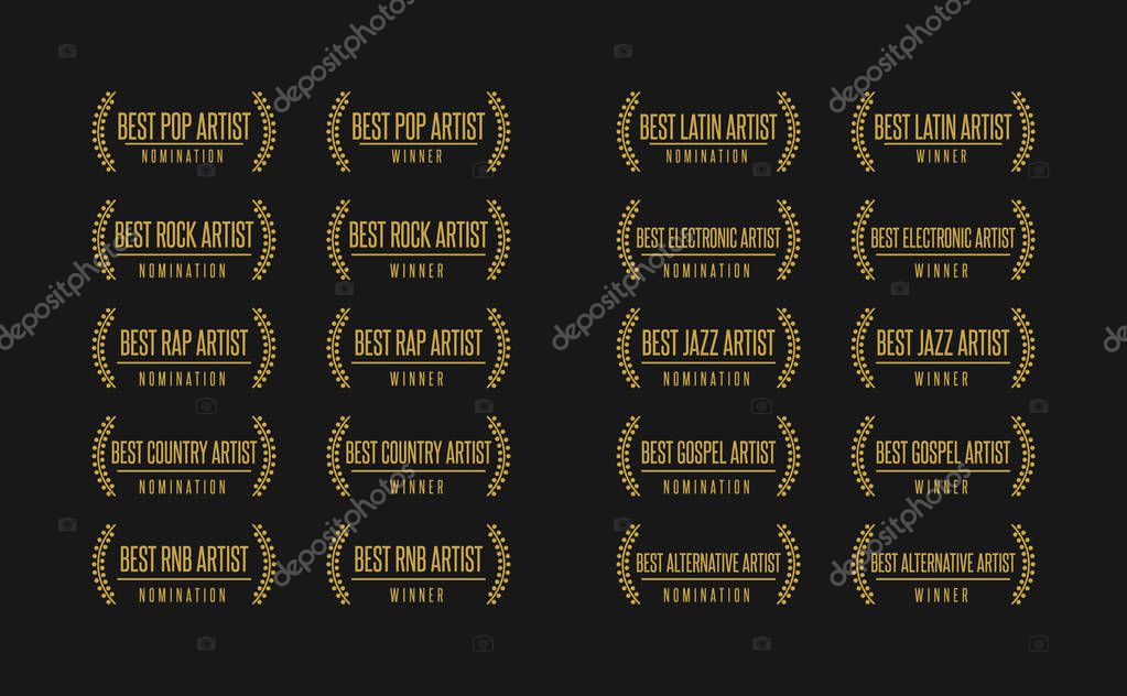 Music award best artist pop rock rap gospel country jazz winner nomination. Laurel vector logo icon set