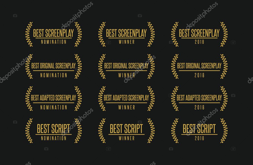 Movie award best original adapted screenplay film script nomination winner vector icon logo set