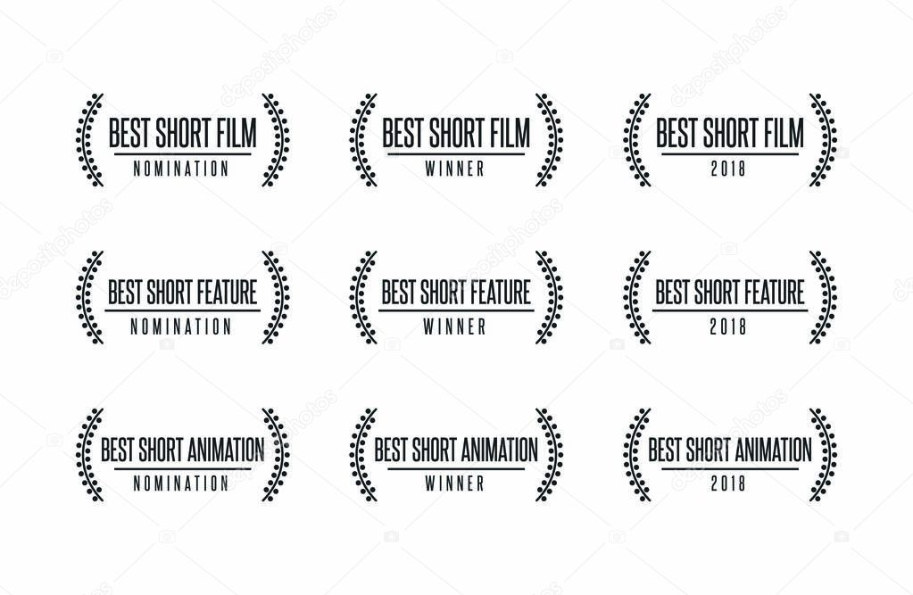 Movie award best short animated feature film motion picture nomination winner black gold vector icon set
