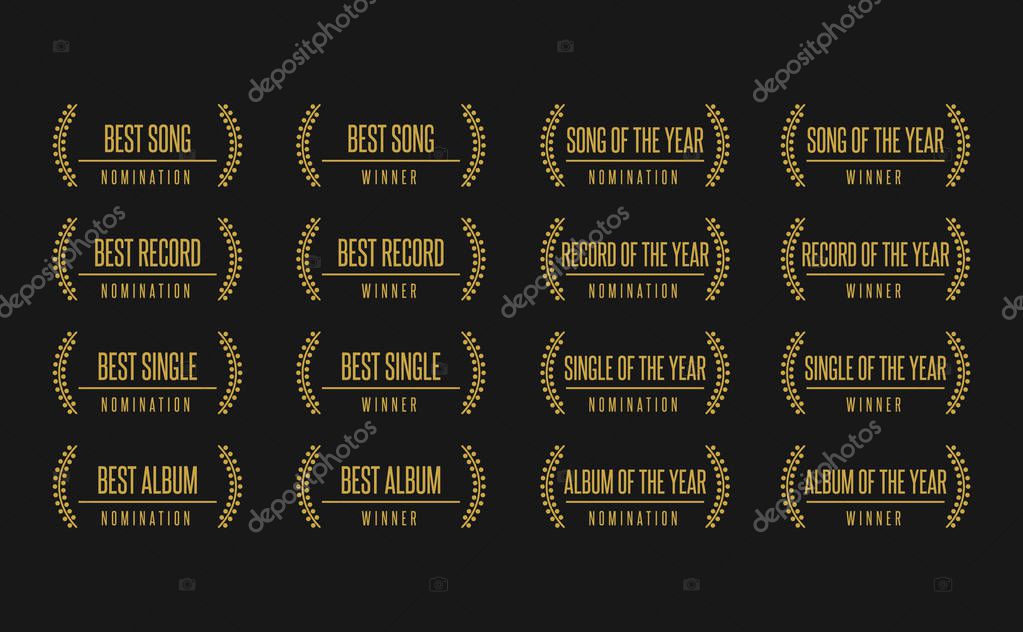 Music award best song album winner nomination. Laurel vector logo icon set