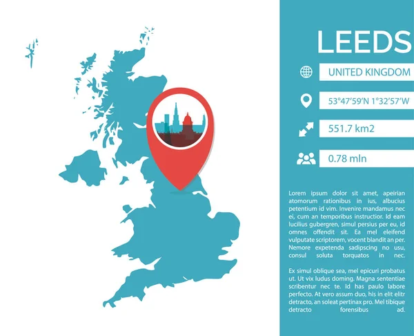 Leeds Térkép infographic vektoros illusztráció — Stock Vector