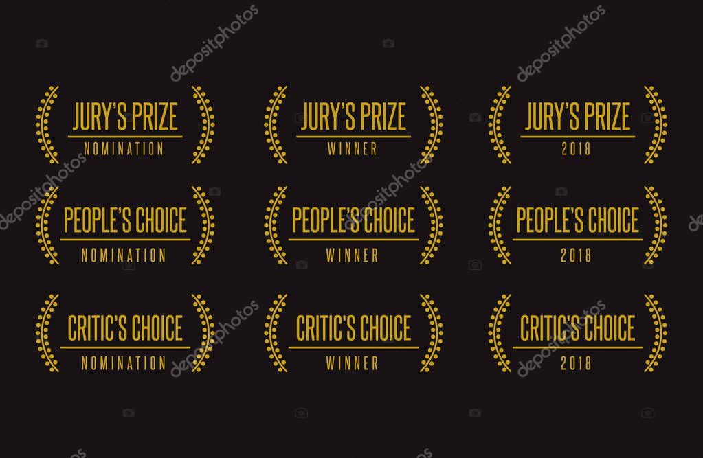 Jury people critic choice best movie film festival awards nomination winner black gold vector icon set