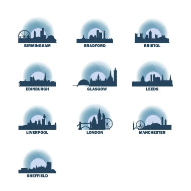 İngiltere'de şehirler Icons set manzarası vektör logo paketi