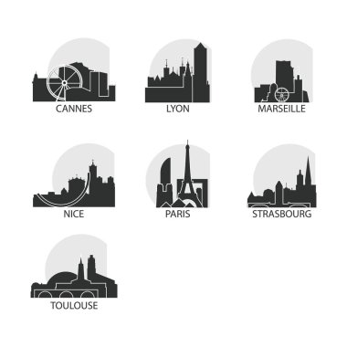 Fransa şehirler Icons set manzarası vektör logo paketi