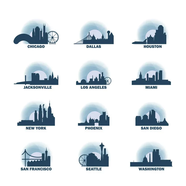 EE.UU. ciudades iconos conjunto skyline vector logo pack — Archivo Imágenes Vectoriales